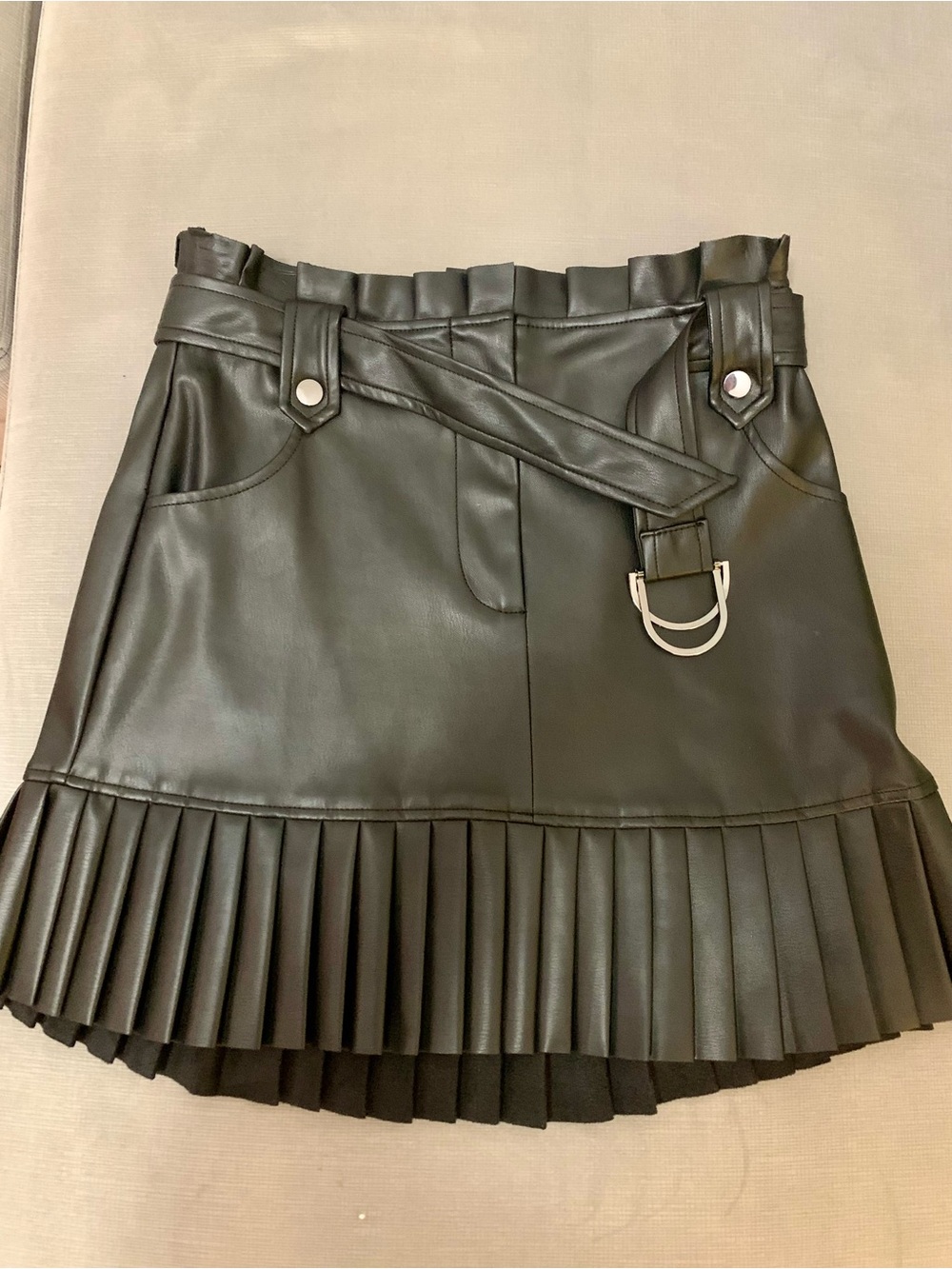 Zara Black Faux Leather Pleated Mini Skirt with D-Ring Belt